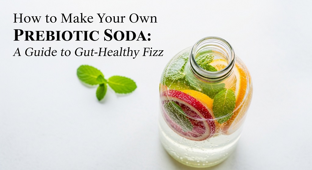 A bottle of homemade prebiotic soda with fruit slices and the title: How to Make Your Own Prebiotic Soda.