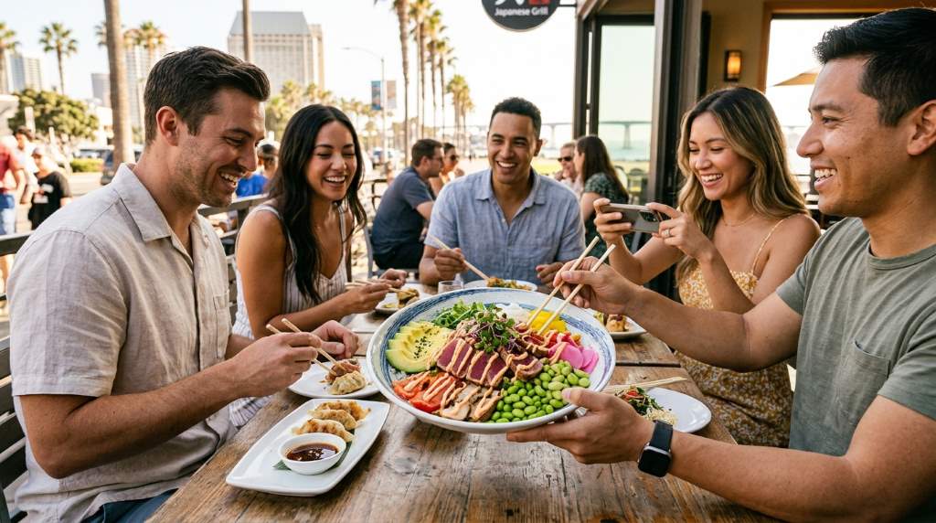San Diego diners enjoying fresh Japanese-inspired sushi and poke bowls at a coastal restaurant