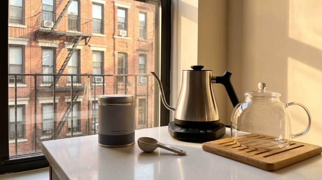 Cafe style tea served in a ceramic cup at home